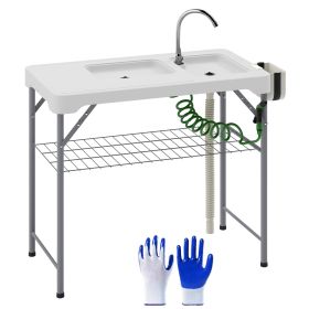 Folding Fish Cleaning Table With Sinks, Portable Camping Sink Table With Faucet, Drainage Hose, Sprayer, Shelf, Drawer And Storage Basket, Outdoo (Color: White)